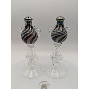 Hand Blown Glass Salt and Pepper Shakers Swirl Blue Gold Vintage Style Artisan